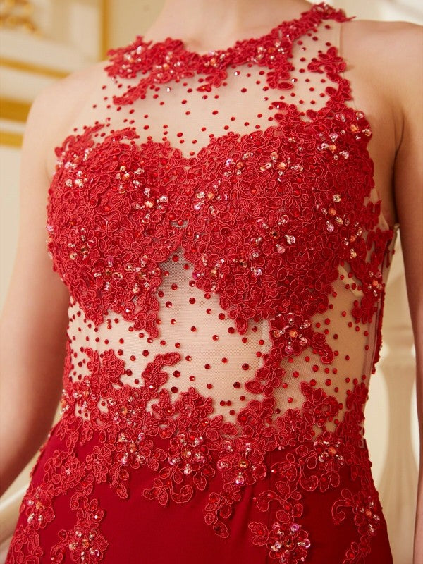 Vestidos de licra con escote tubo/columna, joya, sin mangas, apliques y cola larga