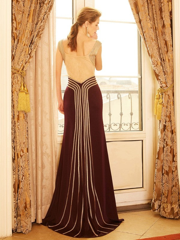 Sheath/Column Straps Sleeveless Beading Sweep/Brush Train Jersey Dresses