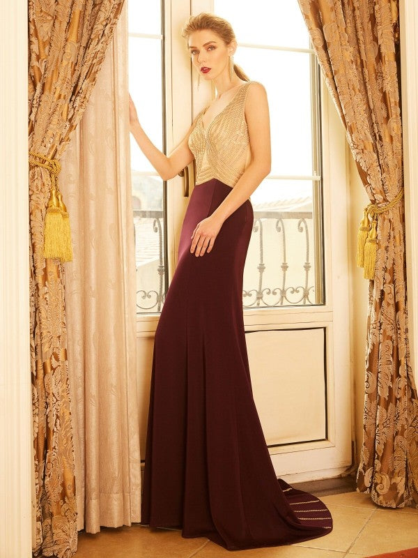 Burgundy Sequin Mermaid V-Neck Floor-Length Evening Gown