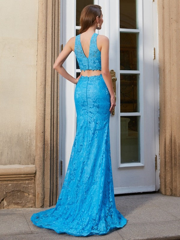 Sheath/Column Scoop Sleeveless Sweep/Brush Train Lace Two Piece Dresses