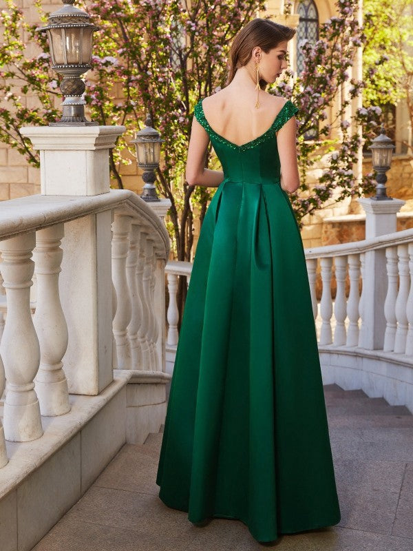 Emerald Satin Off-the-Shoulder A-Line Floor-Length Dress with Beaded Neckline and Pleated Skirt