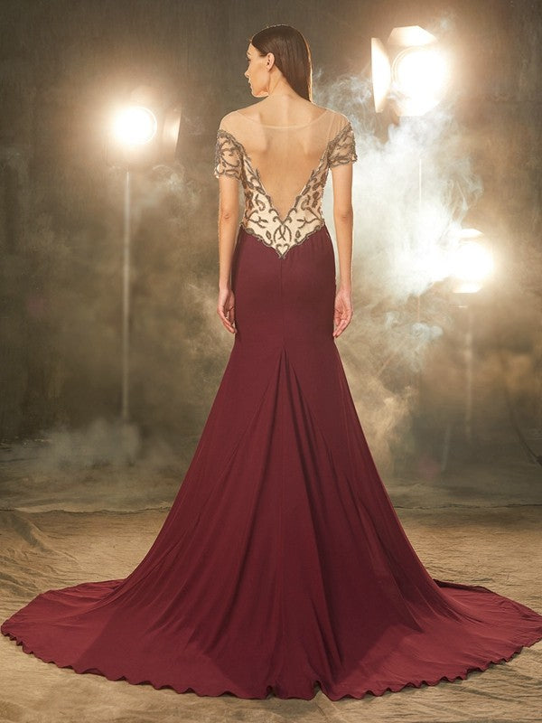 Burgundy Chiffon Sheath/column Floor-Length Gown with Beaded Illusion Bodice