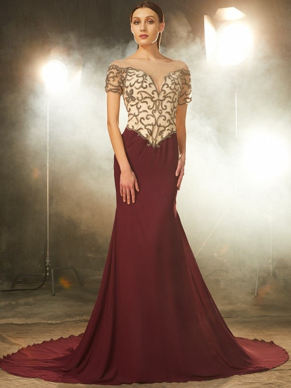 Burgundy Chiffon Sheath/column Floor-Length Gown with Beaded Illusion Bodice