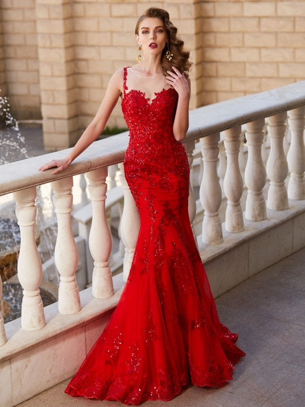 Red Sequin Mermaid Floor-Length Evening Dress with Illusion Neck