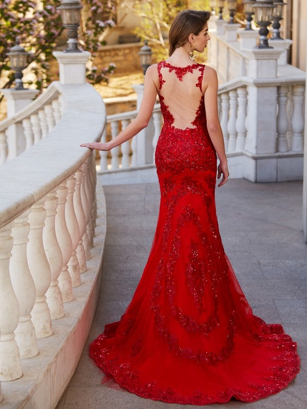 Red Sequin Mermaid Floor-Length Evening Dress with Illusion Neck