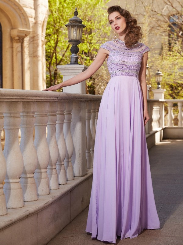 Lavender Chiffon Embellished High Neck A-Line Floor-Length Bridesmaid & Prom Dress