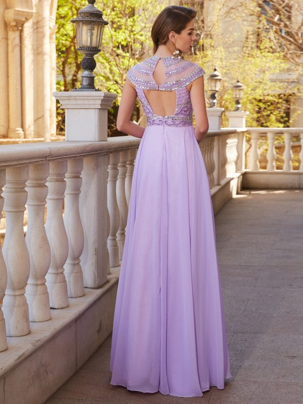 Lavender Chiffon Embellished High Neck A-Line Floor-Length Bridesmaid & Prom Dress