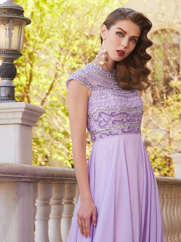 Abiti in chiffon con perline e maniche corte a trapezio/principessa