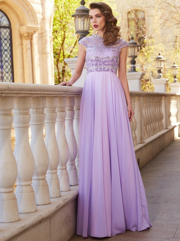 Abiti in chiffon con perline e maniche corte a trapezio/principessa