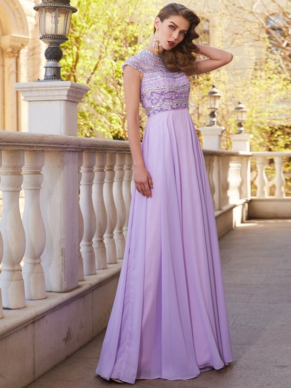 Lavender Chiffon Embellished High Neck A-Line Floor-Length Bridesmaid & Prom Dress