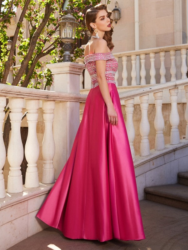 Vestido de dos piezas de satén, corte princesa, hombros descubiertos, sin mangas, con cuentas y largo hasta el suelo