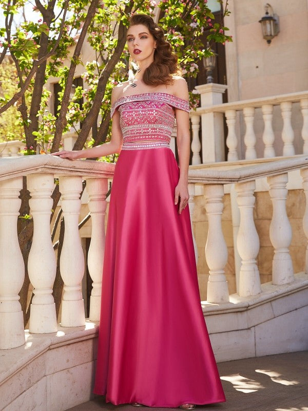 Vestido de dos piezas de satén, corte princesa, hombros descubiertos, sin mangas, con cuentas y largo hasta el suelo