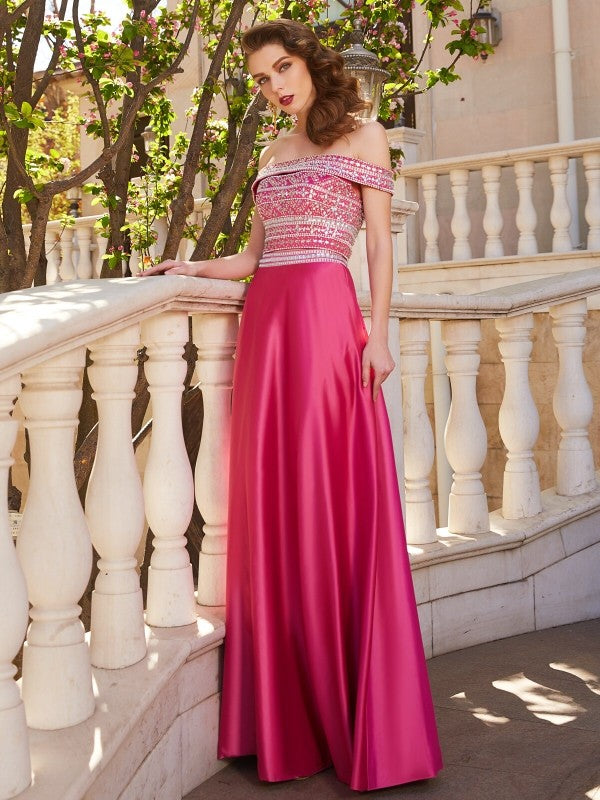 Vestido de dos piezas de satén, corte princesa, hombros descubiertos, sin mangas, con cuentas y largo hasta el suelo
