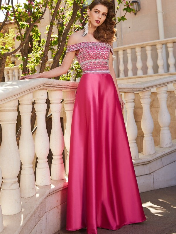 Vestido de dos piezas de satén, corte princesa, hombros descubiertos, sin mangas, con cuentas y largo hasta el suelo