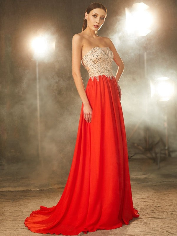 Red Chiffon A-Line Floor-Length with Sweetheart and Back Zip