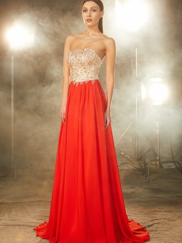 Red Chiffon A-Line Floor-Length with Sweetheart and Back Zip