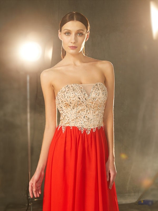 Red Chiffon A-Line Floor-Length with Sweetheart and Back Zip