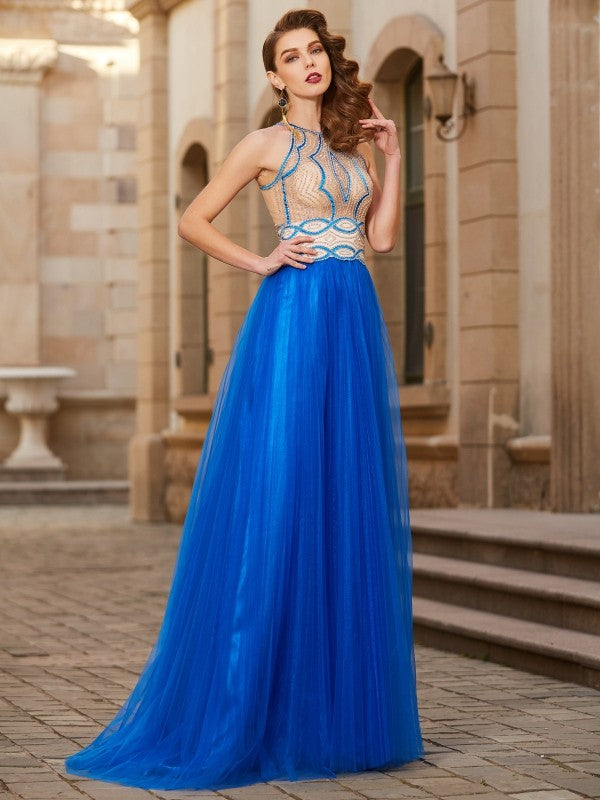 Blue Tulle A-Line Halter Neckline Floor-Length Dress with Embellished Bodice