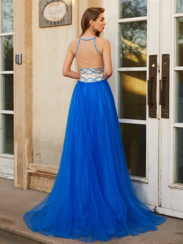 Blue Tulle A-Line Halter Neckline Floor-Length Dress with Embellished Bodice