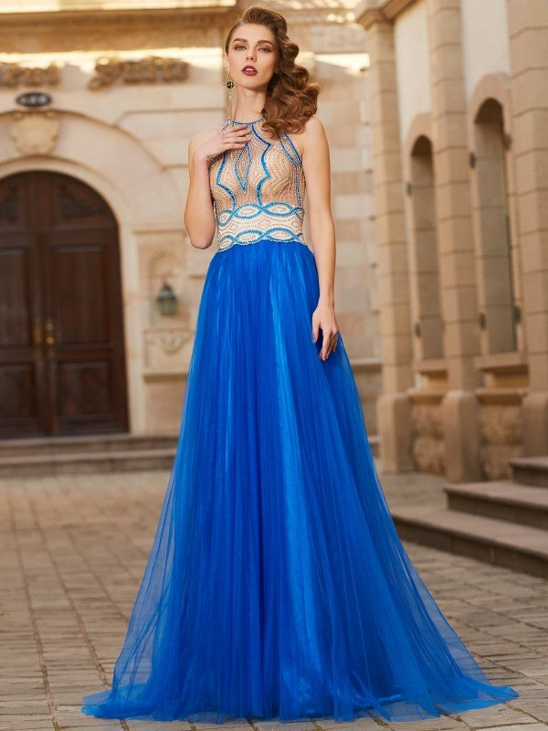 Vestidos de tul con corte princesa, sin mangas, con cuentas y joya hasta el suelo