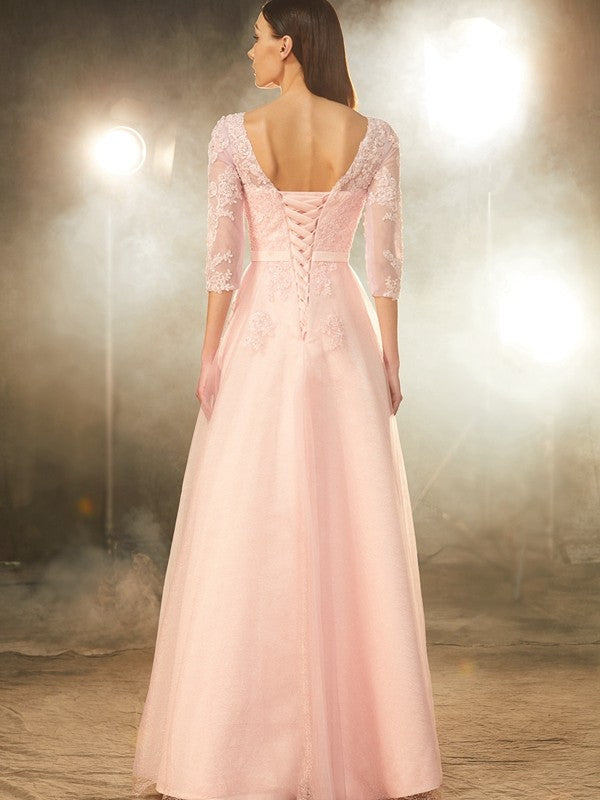 Vestidos de tul con apliques, corte princesa, escote barco, mangas 1/2 y largo hasta el suelo