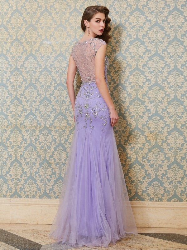 Lavender Tulle Mermaid Floor-Length Evening Dress with Sequin Embellishment