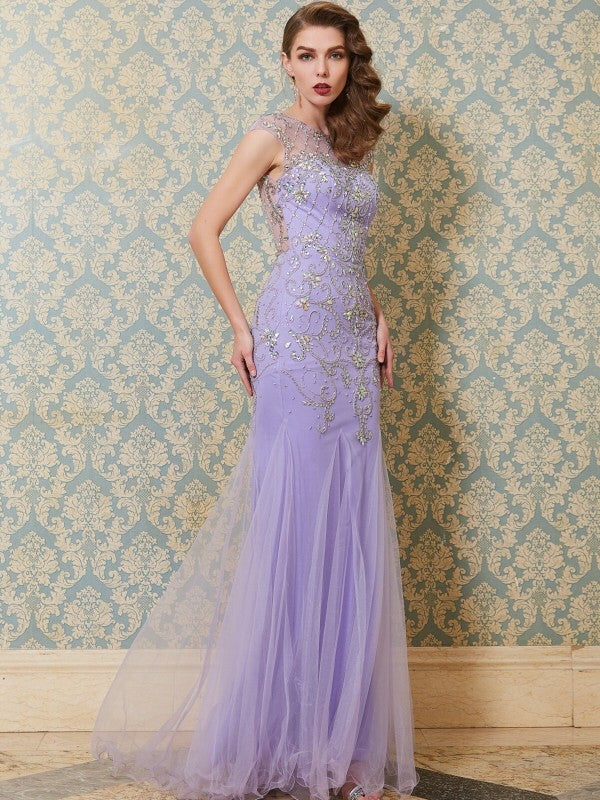 Lavender Tulle Mermaid Floor-Length Evening Dress with Sequin Embellishment