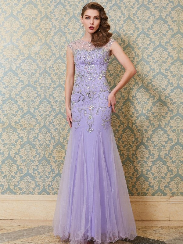 Lavender Tulle Mermaid Floor-Length Evening Dress with Sequin Embellishment