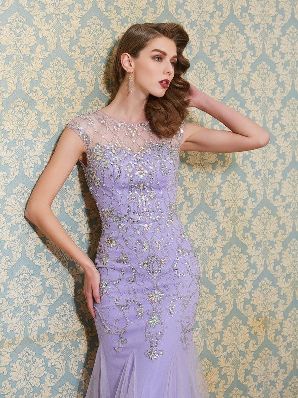 Lavender Tulle Mermaid Floor-Length Evening Dress with Sequin Embellishment