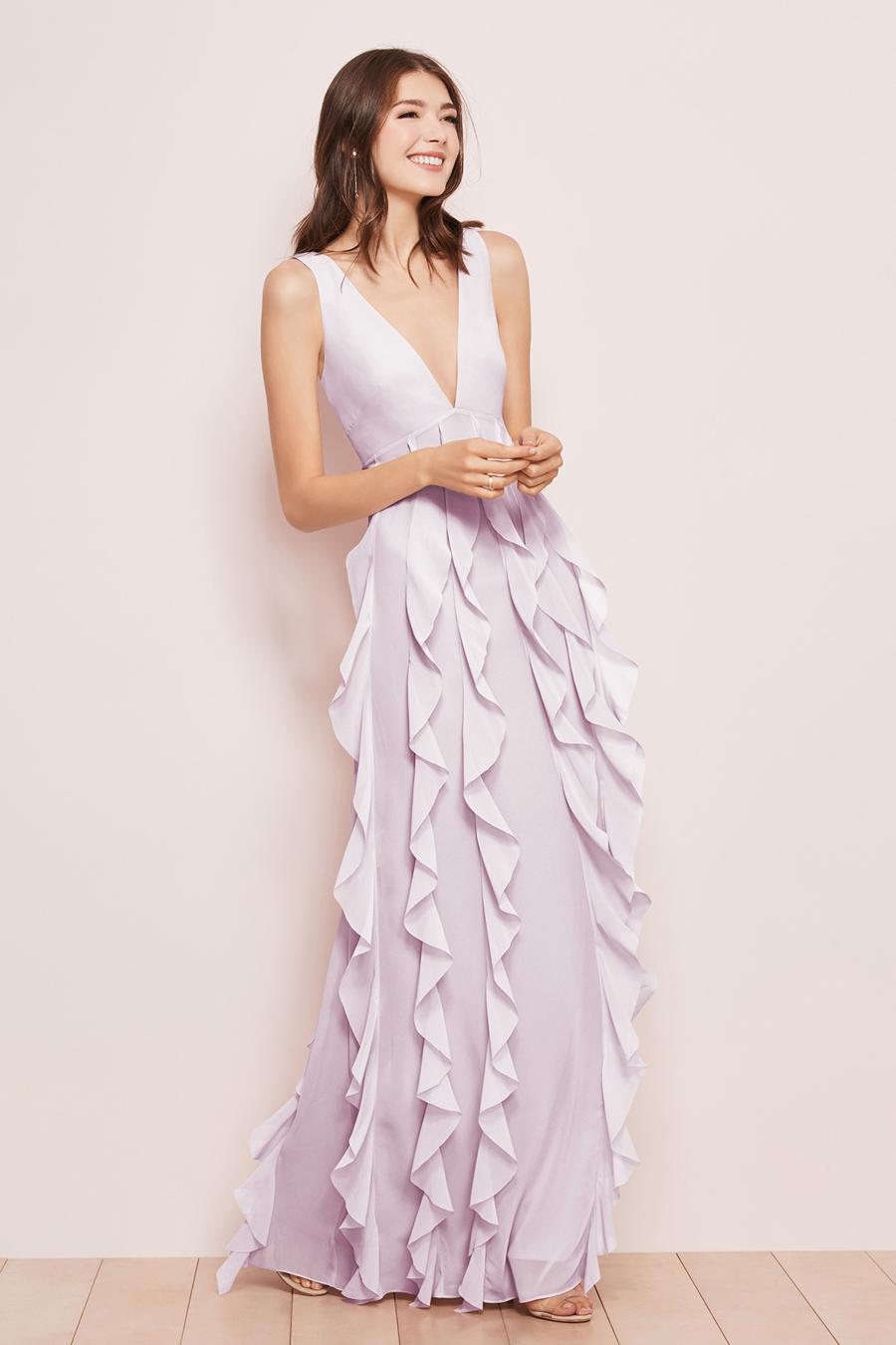 Lilac Satin A-Line Floor-Length Bridesmaid Dress with Deep V-Neck and Layered Ruffles