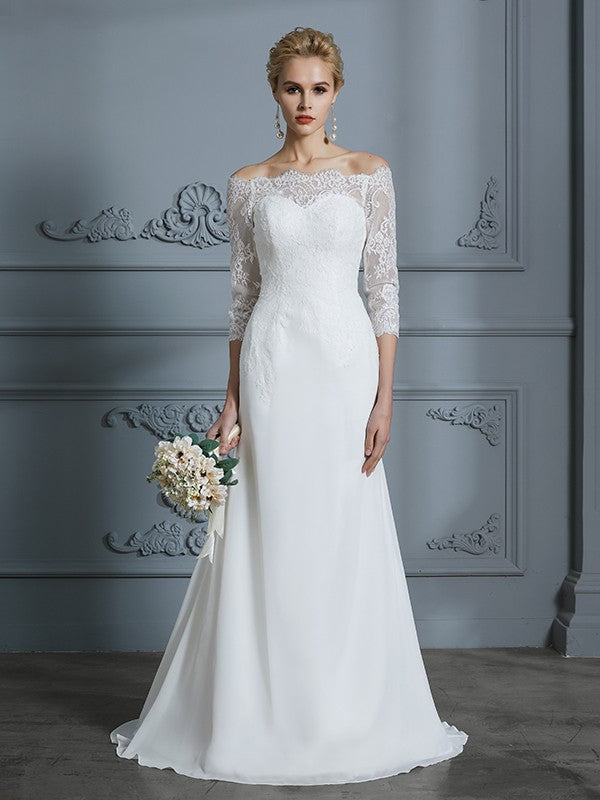 Abiti da sposa in chiffon con strascico a ruota, maniche a 1/2, stile tromba/sirena
