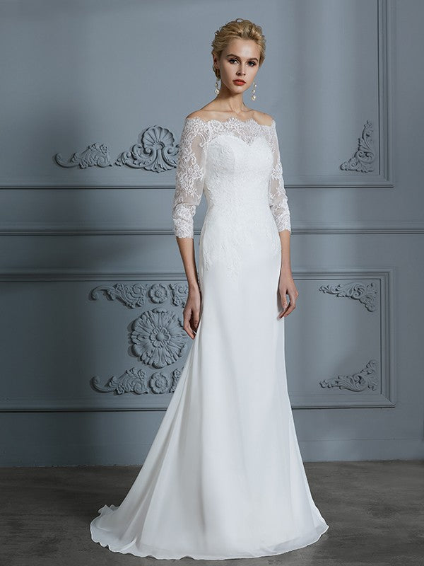 Abiti da sposa in chiffon con strascico a ruota, maniche a 1/2, stile tromba/sirena