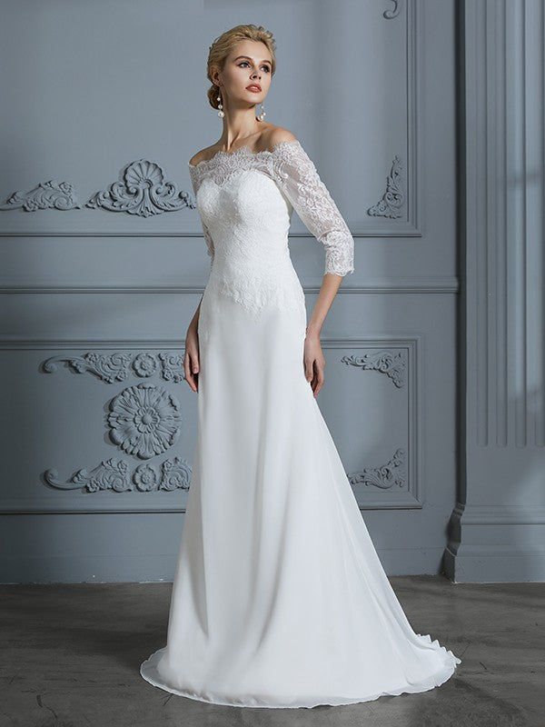 Abiti da sposa in chiffon con strascico a ruota, maniche a 1/2, stile tromba/sirena