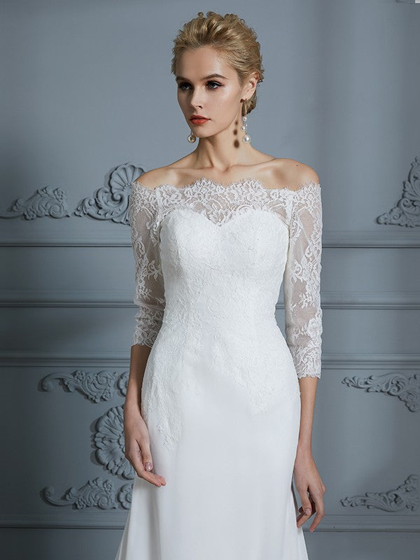 Abiti da sposa in chiffon con strascico a ruota, maniche a 1/2, stile tromba/sirena