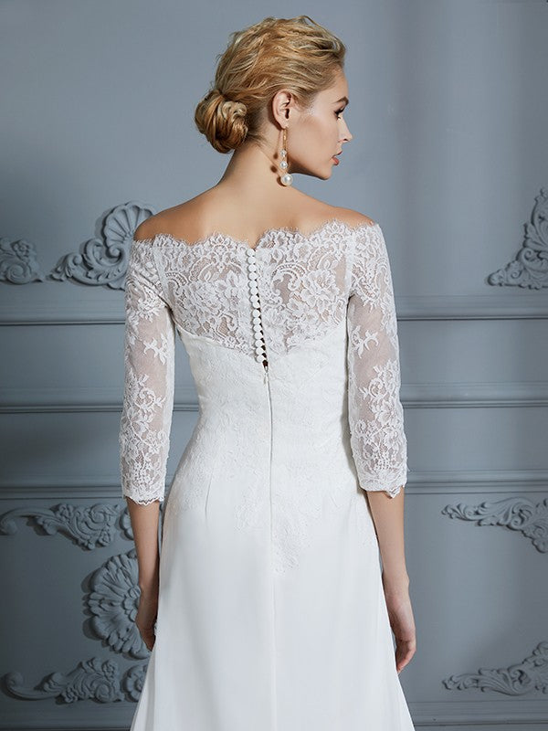 Abiti da sposa in chiffon con strascico a ruota, maniche a 1/2, stile tromba/sirena