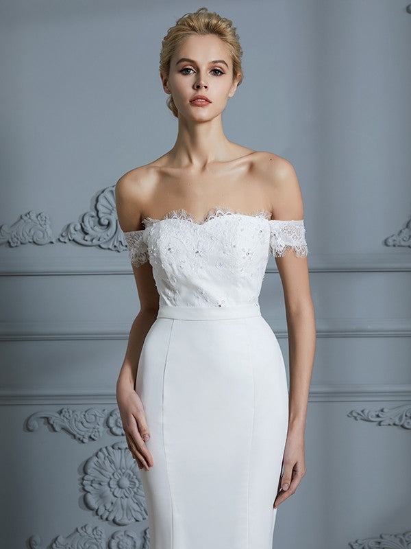 Abiti da sposa a sirena/tromba, senza maniche, in chiffon e pizzo, con strascico a ruota