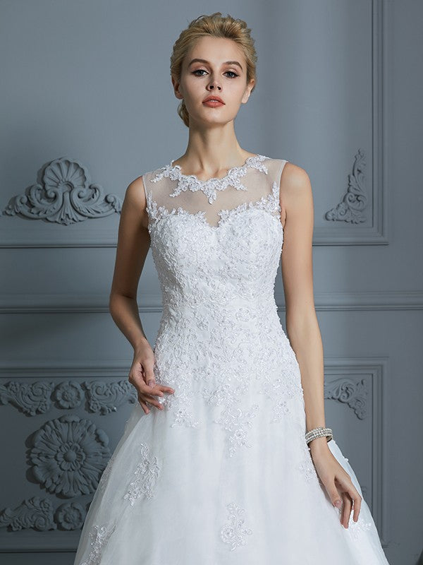 Vestidos de novia con corte en A, sin mangas, de organza, con cola y apliques