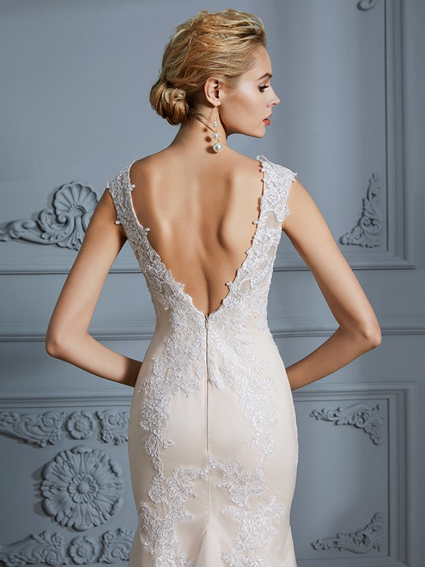 Vestidos de novia de corte trompeta/sirena, sin mangas, con apliques de tul y largo hasta el suelo