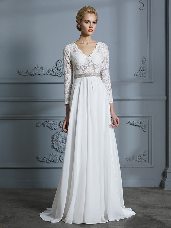 Abiti da sposa in chiffon con strascico a ruota in pizzo e scollo a V, maniche a 3/4, stile A/Principessa
