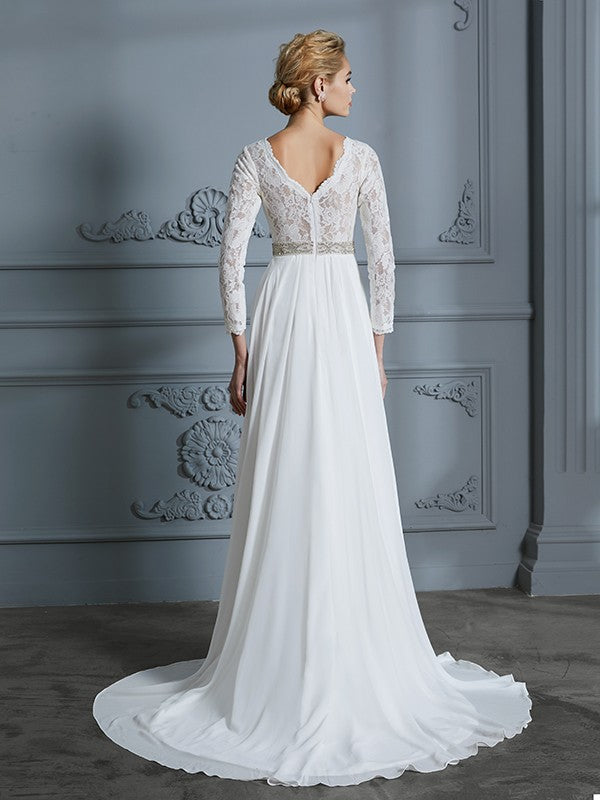 Abiti da sposa in chiffon con strascico a ruota in pizzo e scollo a V, maniche a 3/4, stile A/Principessa