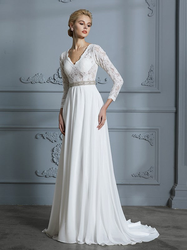 Abiti da sposa in chiffon con strascico a ruota in pizzo e scollo a V, maniche a 3/4, stile A/Principessa