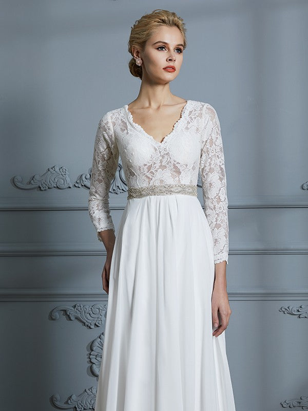 Abiti da sposa in chiffon con strascico a ruota in pizzo e scollo a V, maniche a 3/4, stile A/Principessa