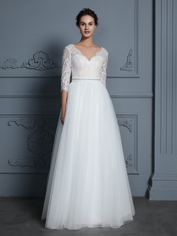 Vestidos de novia de tul con encaje, corte princesa, escote en V, mangas 3/4 y largo hasta el suelo