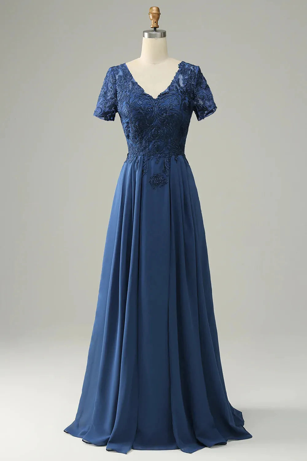 Dark Navy Chiffon A-Line V-Neck Floor-Length Bridesmaid Dress with Short Lace Sleeves