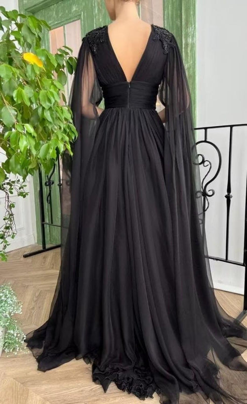 Black Chiffon A-Line Floor-Length Evening Dress with Embellished Deep V-Neck
