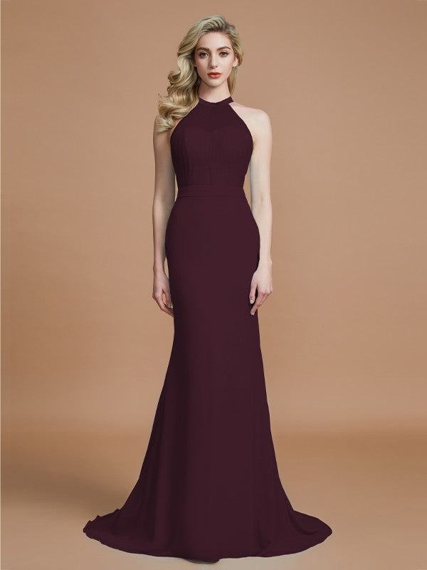 Vestidos de dama de honor de gasa con corte trompeta/sirena, sin mangas, escote redondo y cola larga