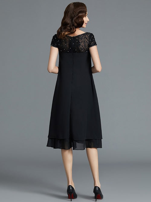 Black Beaded Yoke Chiffon A-Line Knee-Length Evening Dress