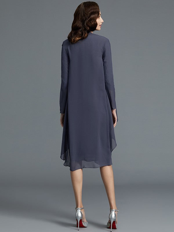 Vestidos para madre de la novia de gasa con escote corazón, mangas 1/2 y largo hasta la rodilla