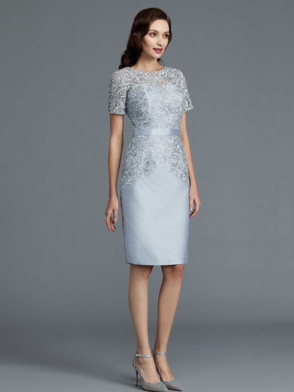 Vestidos para madre de la novia de tafetán con mangas cortas, corte tubo y largo hasta la rodilla