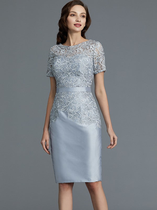 Vestidos para madre de la novia de tafetán con mangas cortas, corte tubo y largo hasta la rodilla